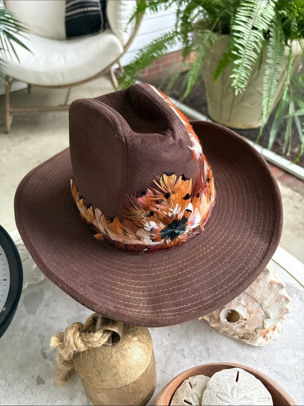 Brown Peacock Feather Trim Cowboy Hat Canyon Trail Suede Western Boho Retro